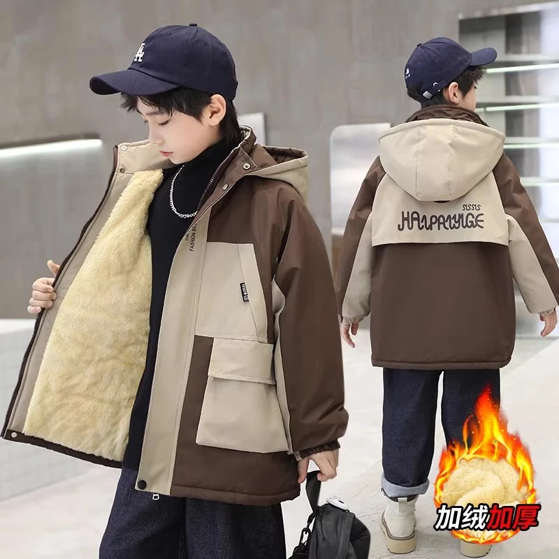 男童拼色棉服棉袄女童加绒棉衣秋冬装洋气加厚中大童冲锋衣派克服