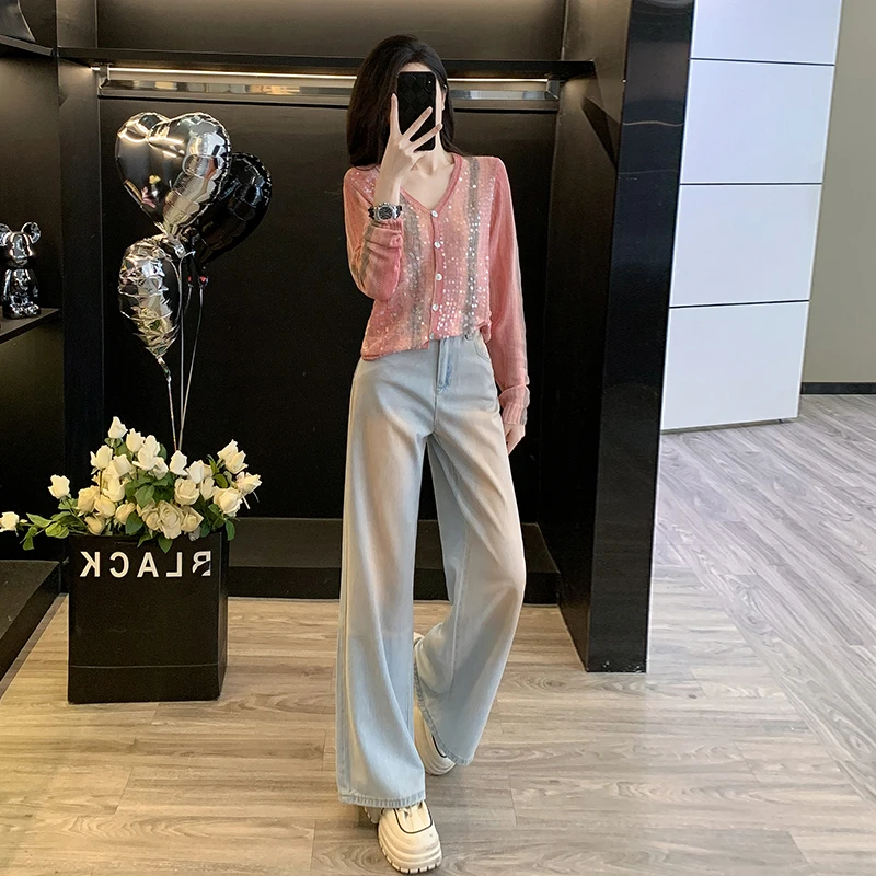 设计感亮片长袖针织衫套装春秋2025新款洋气时髦阔腿牛仔裤两件套