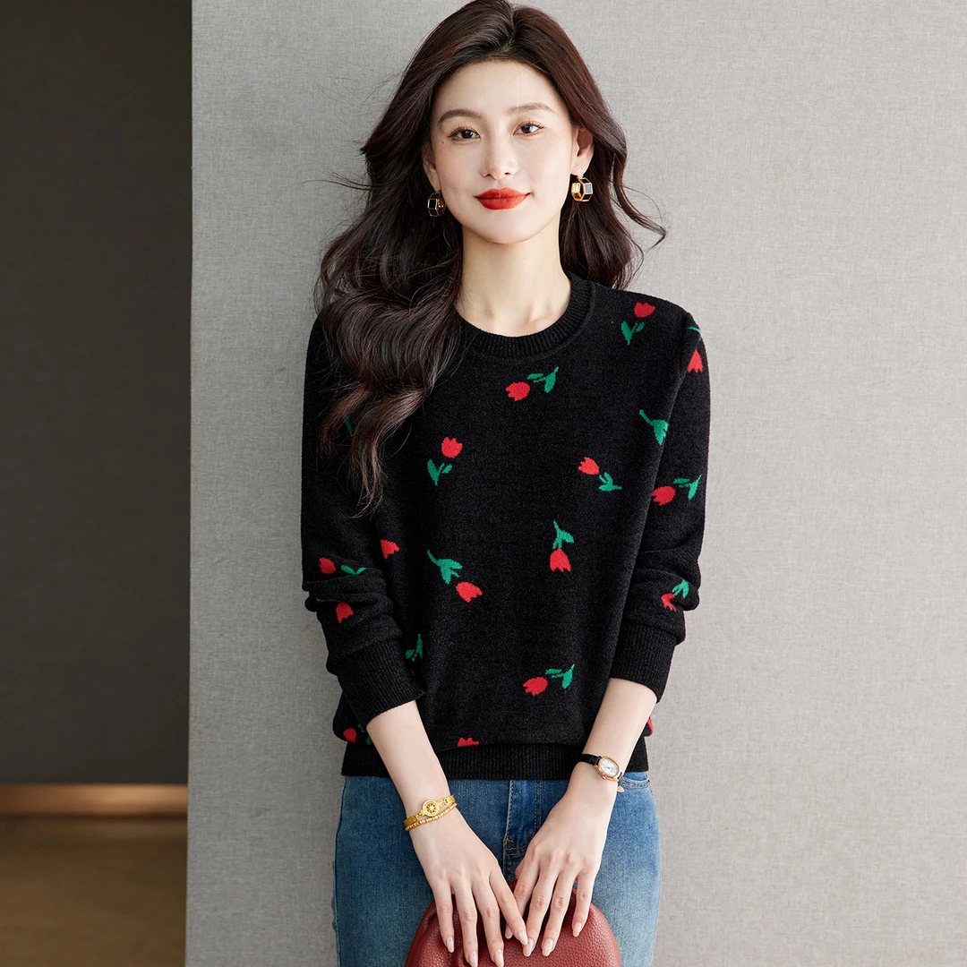 女士针织打底衫秋冬季2025新款洋气提花朵显瘦宽松小个子毛衣内搭