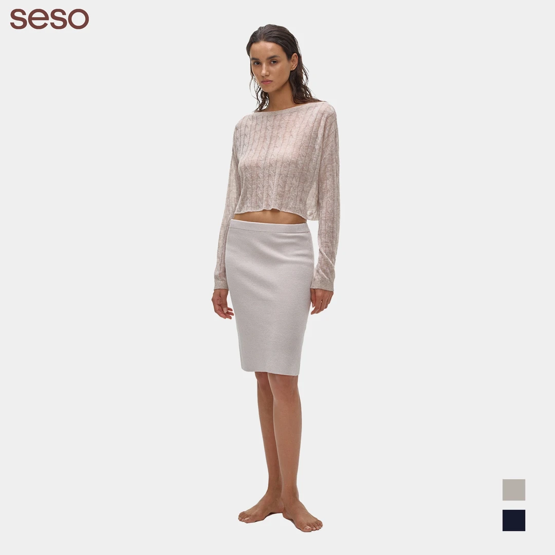 sesoseso|S01 肌理感毛织五分裙 直筒包臀 纵向凹凸纹理勾勒曲线