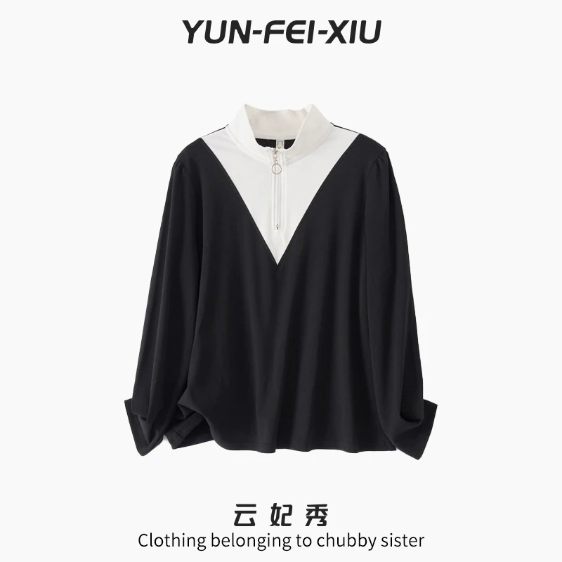 云妃秀大码女装T恤时尚休闲拉链立领宽松显瘦微胖百搭上衣春38501