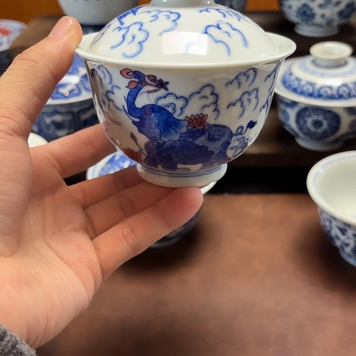纯手工手绘大象盖碗瑕疵