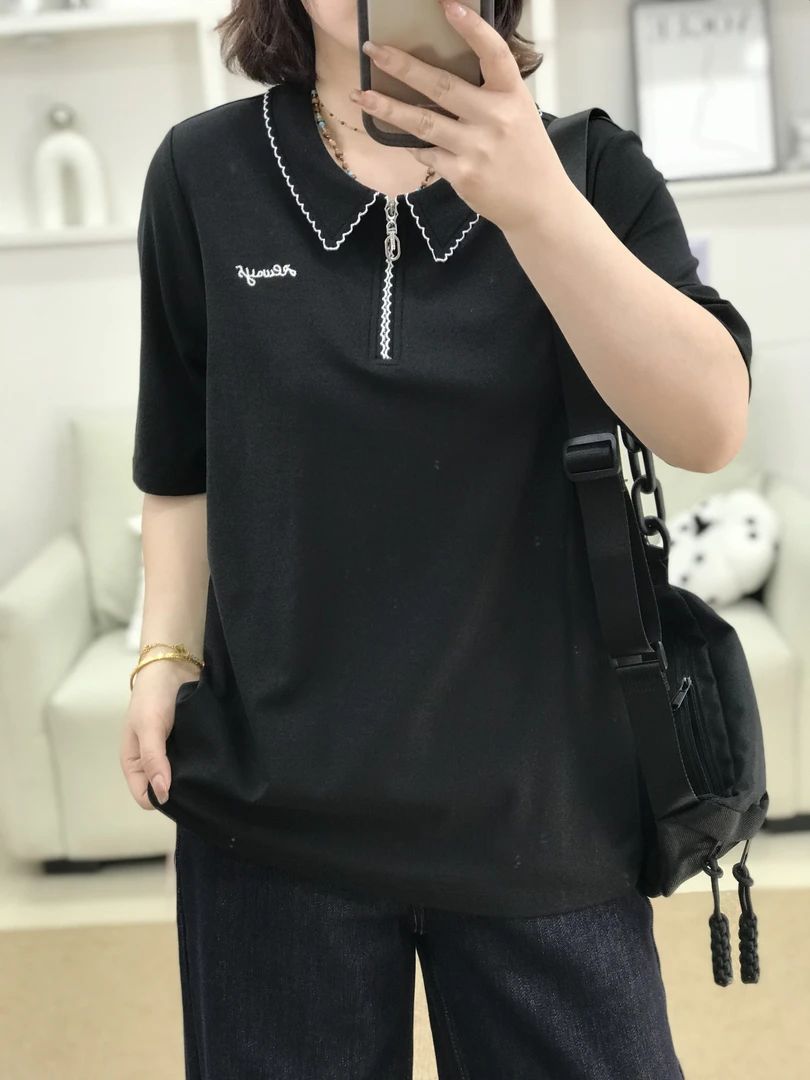 {莹莹推荐}5347冬季大码女装简约翻领半拉链五分袖打底上衣r