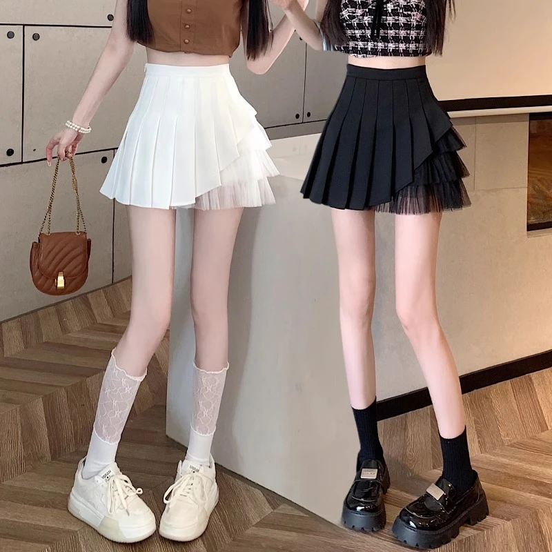白色短裙女薄款2025年夏季新款拼接网纱半身裙高腰显瘦a字百褶裙