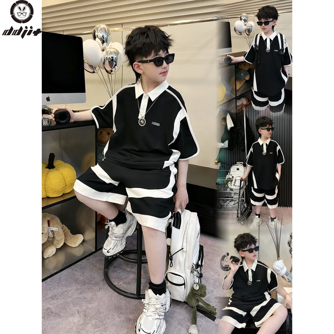 蛋蛋家【腔调】夏季新款儿童黑白拼色polo短袖套装