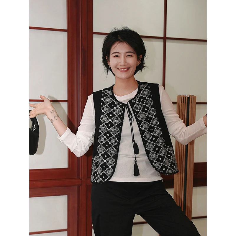 LANGQING 新中式国风刺绣提花流苏叠穿外搭马甲44202#