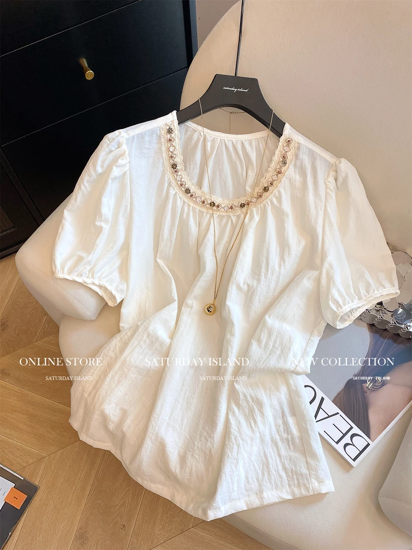 2025夏新款国风刺绣钩花圆领泡泡袖气质衬衫女白色高级感百搭上衣