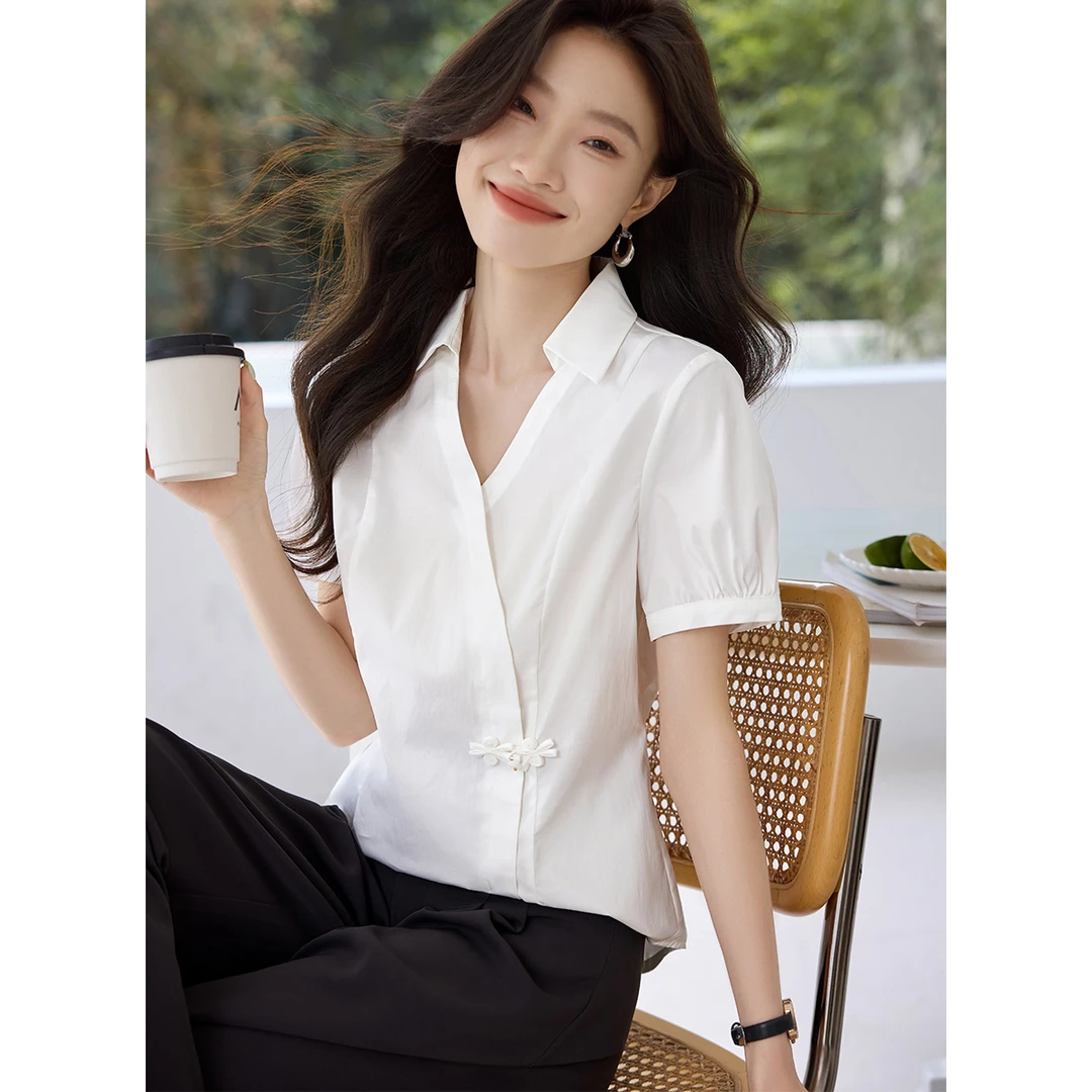 沫晗依美棉布白色纯色衬衫女25夏新中式盘扣V形翻领收腰显瘦短袖