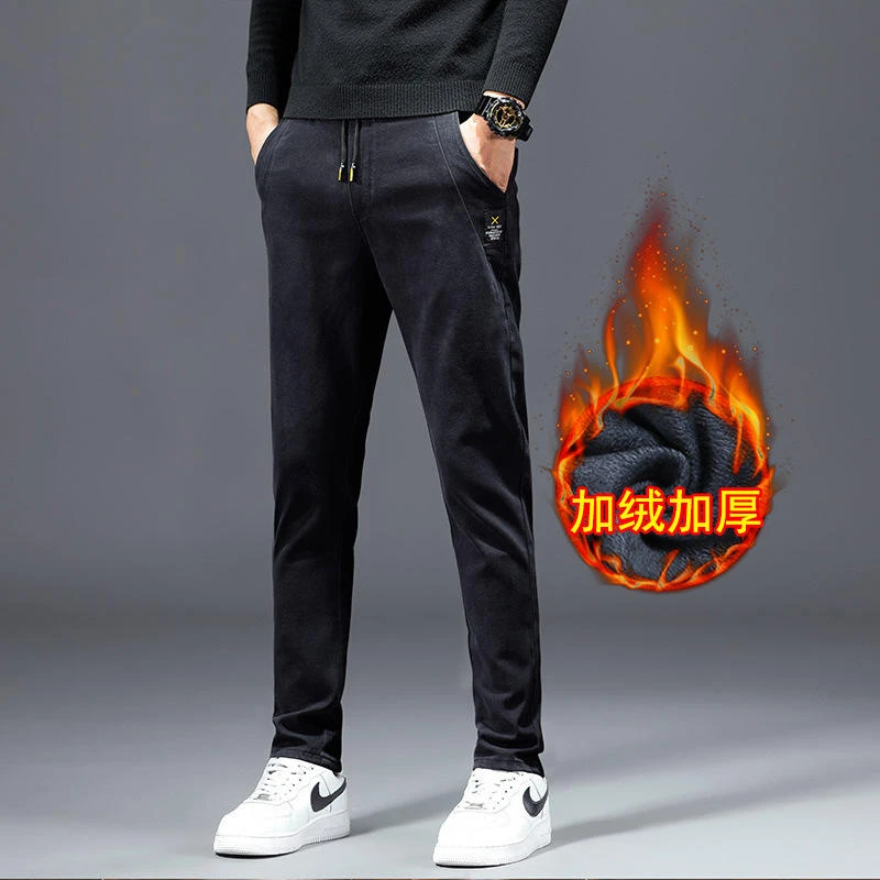 2025秋冬款牛仔裤男松紧腰韩版潮牌修身弹力小脚裤黑色加绒加厚