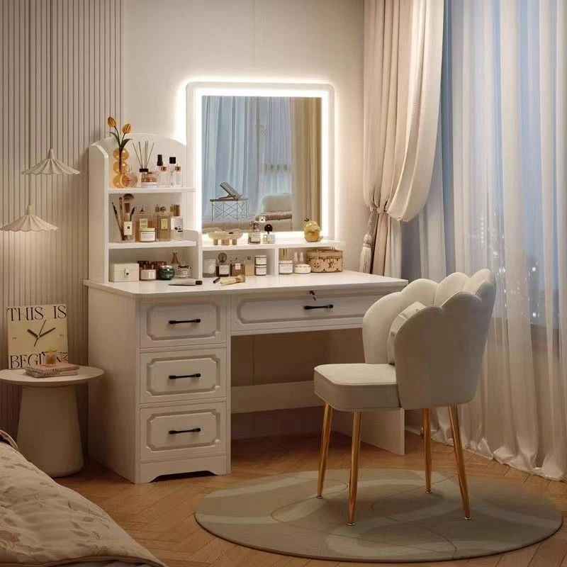 新疆包邮卧室梳妆台小型化妆桌现代简约化妆台椅子少女心卧室多功