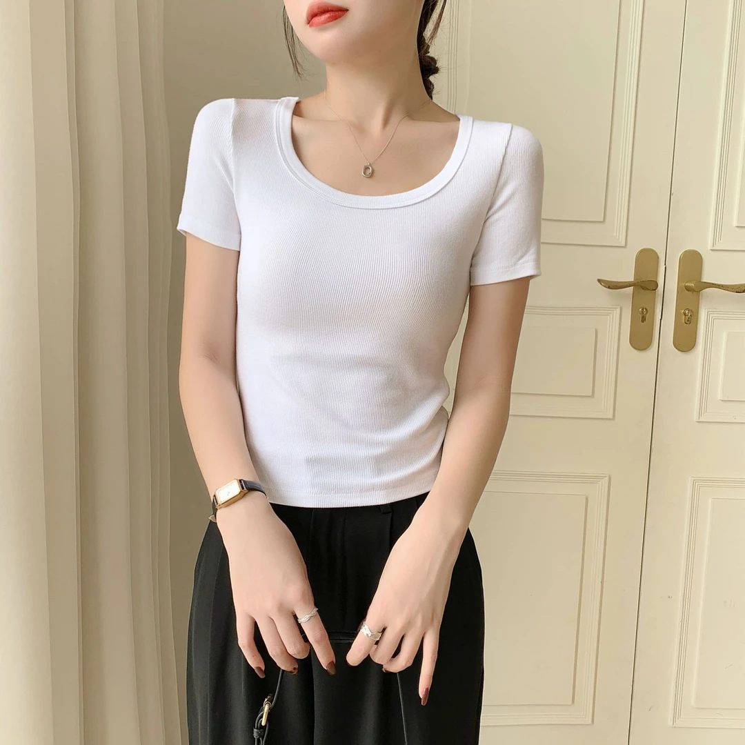 白色圆领短袖T恤女春夏季新款罗纹纯色紧身正肩时尚百搭修身上衣