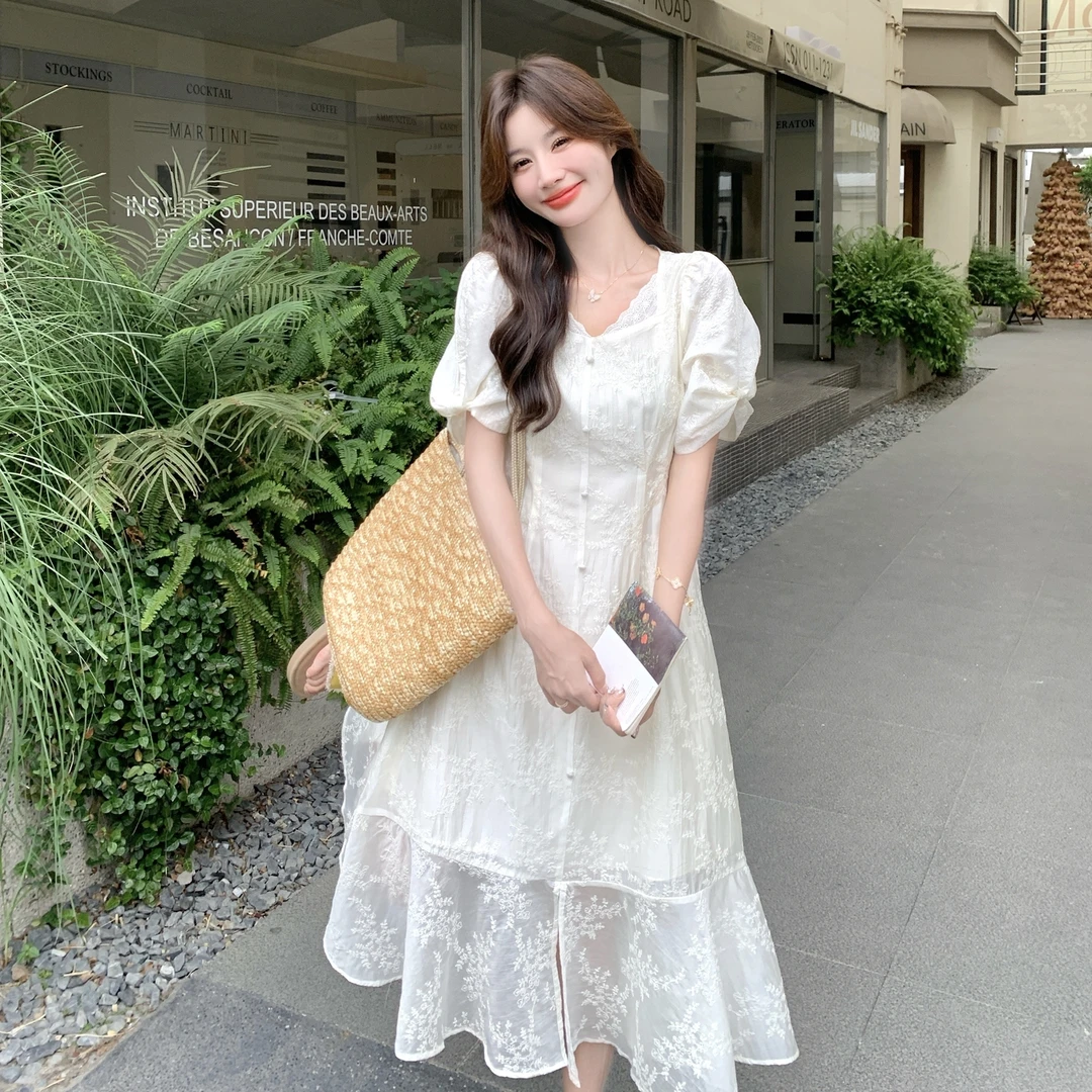白色灯笼袖短袖V领连衣裙女夏季2025新款韩版宽松显瘦a字长款裙子