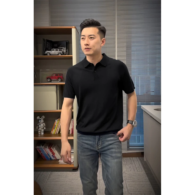 成熟稳重男装冰丝弹力黑色针织polo衫短袖夏季高级感商务休闲T恤