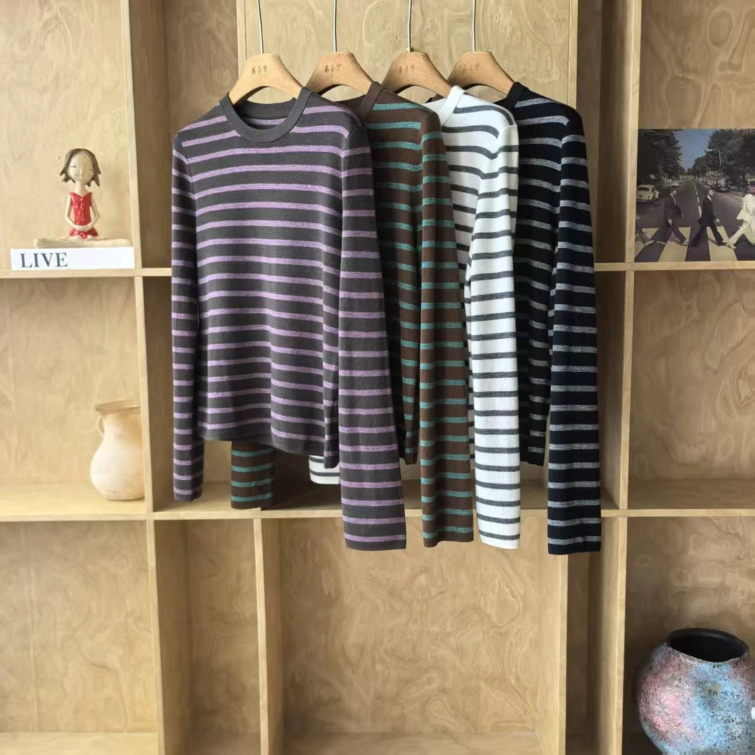 5123慵懒风极简老钱经典细条纹撞色精纺羊毛针织衫