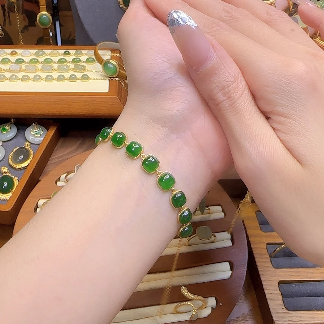 和田玉手链银S925镀金镶嵌