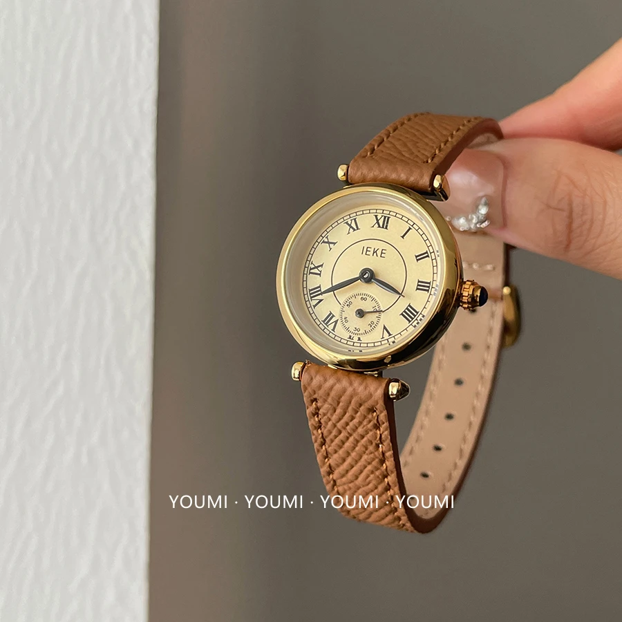 YOUMI 南瓜色圆形罗马小表盘女士小众轻奢复古女款皮带石英手表女