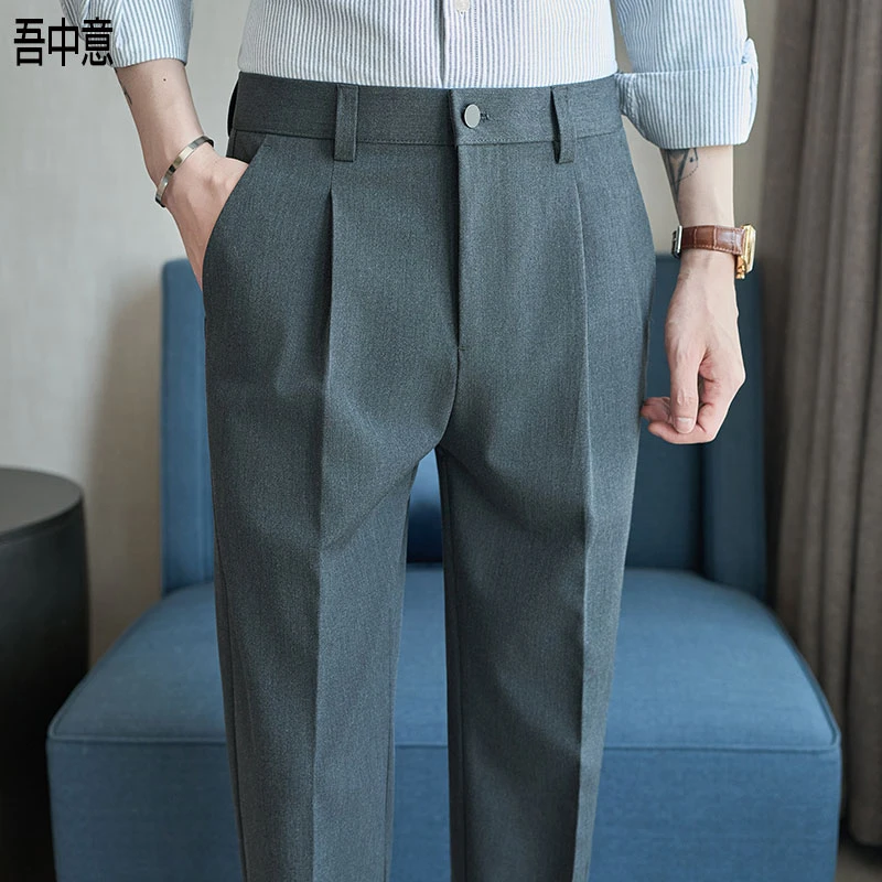 高级感松紧腰商务正装休闲西裤长裤男时尚百搭直筒修身小脚西裤男