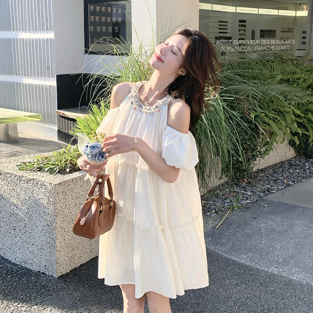 重工串珠露肩连衣裙女夏季2025新款波西米亚风甜美气质小个子短裙