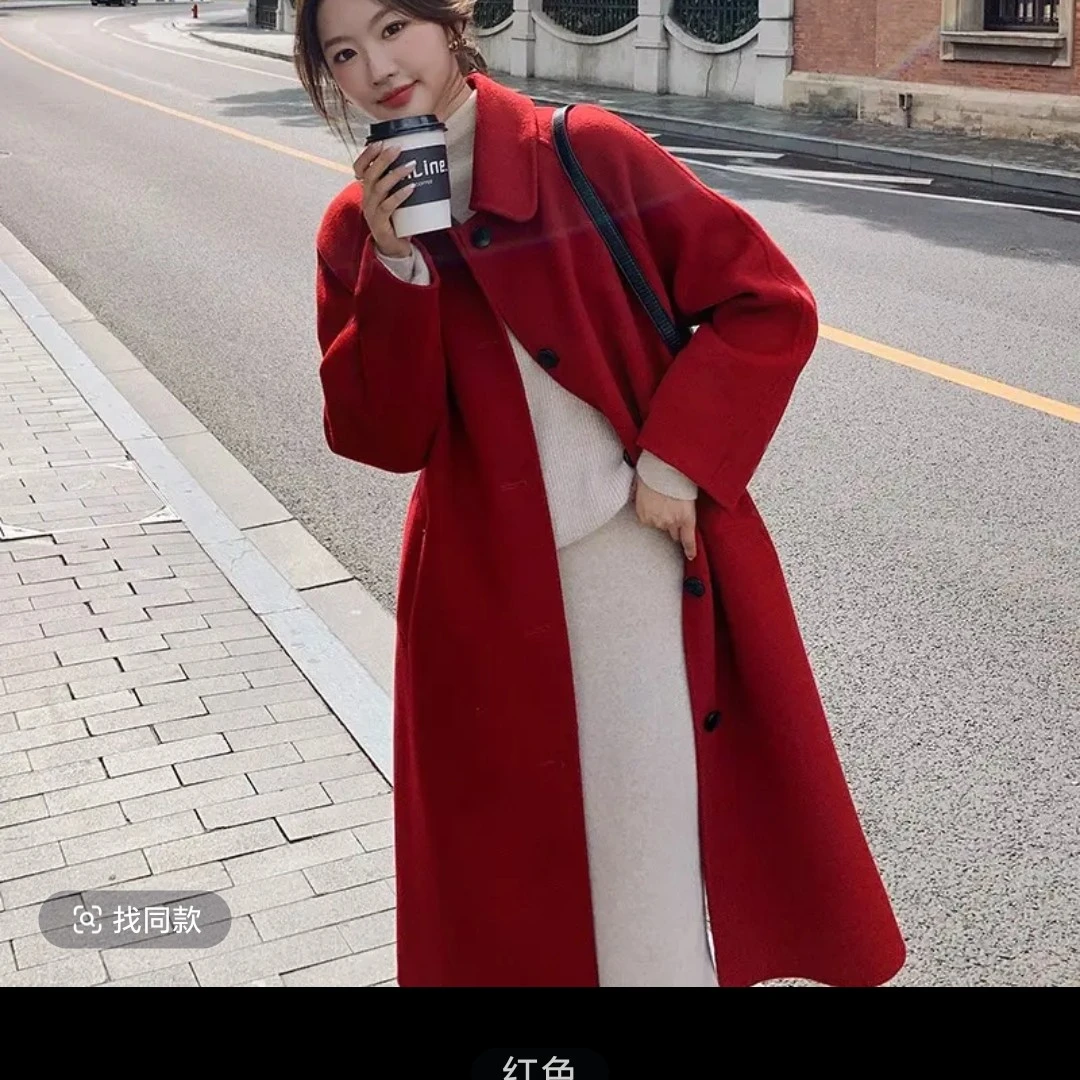 红色双面羊绒大衣女大码长款呢子宽松显瘦加肥加大高端呢大衣外套