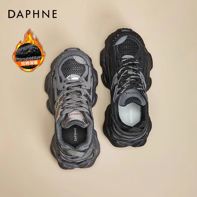 达芙妮厚底老爹鞋女2025新款冬季加绒爆款女鞋黑色运动棉鞋雪地靴