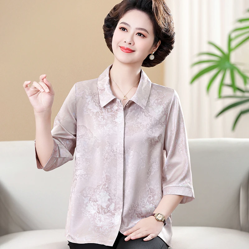 中老年女装新款翻领春季开衫上衣老太太衬衣妈妈夏季外穿薄衬衫