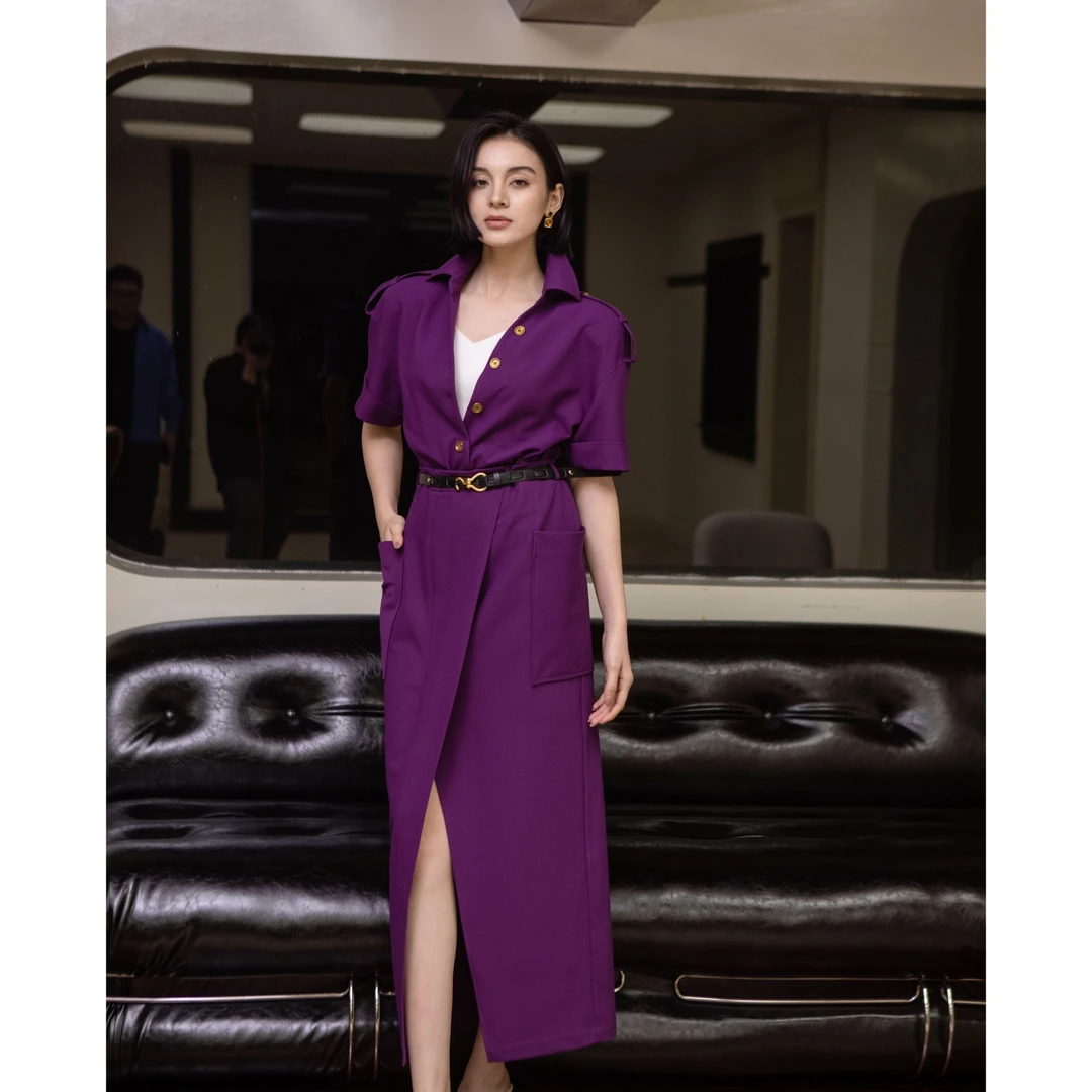 【寻迹】假两件设计感英气高智感夏季衬衫拼接开叉连衣裙