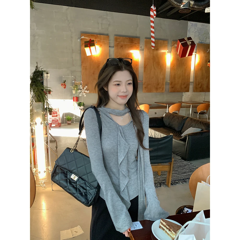 【现货次日发】T恤女荷叶边挂脖飘带长袖内搭修身显瘦独特别致上衣