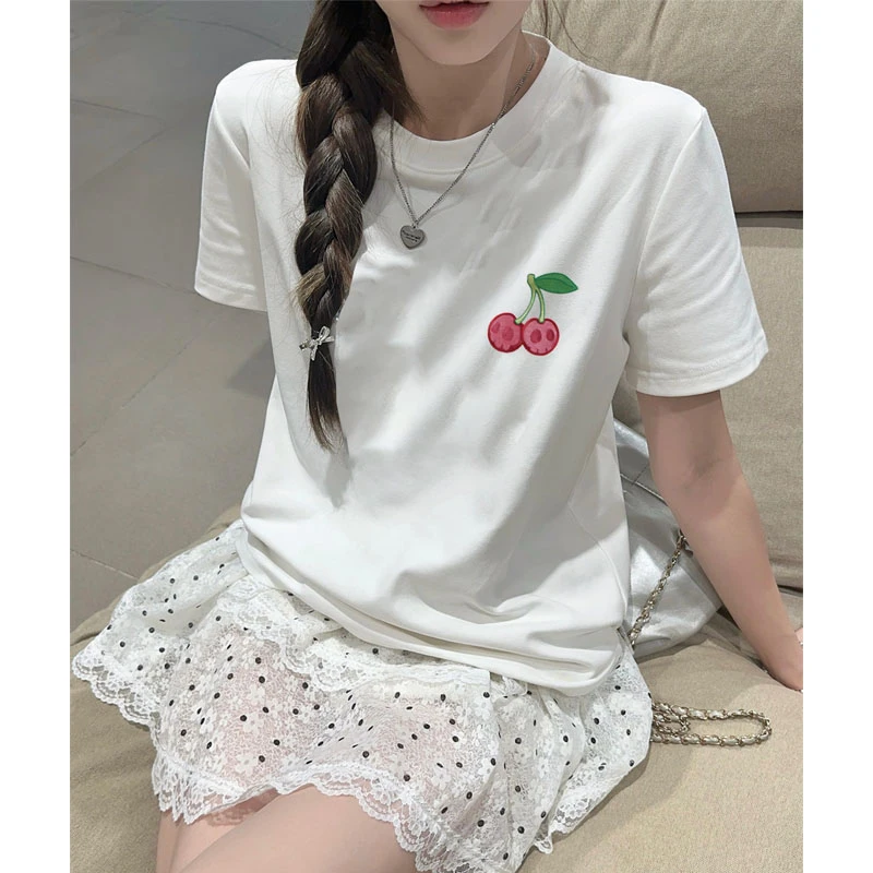 港风刺绣樱桃ins洋气女装上衣宽松休闲潮牌短袖T恤百搭中长款半袖