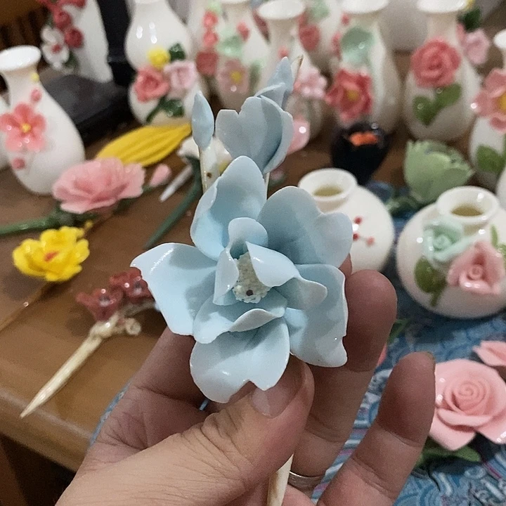 瓷片纯手工陶瓷花摆件瑕