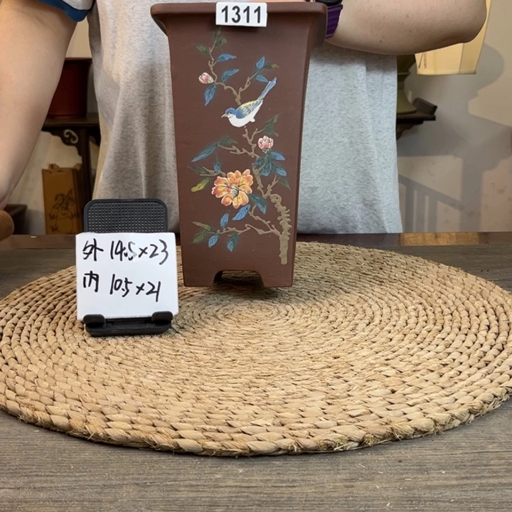 紫砂花盆 新品福利紫泥手绘签筒1311