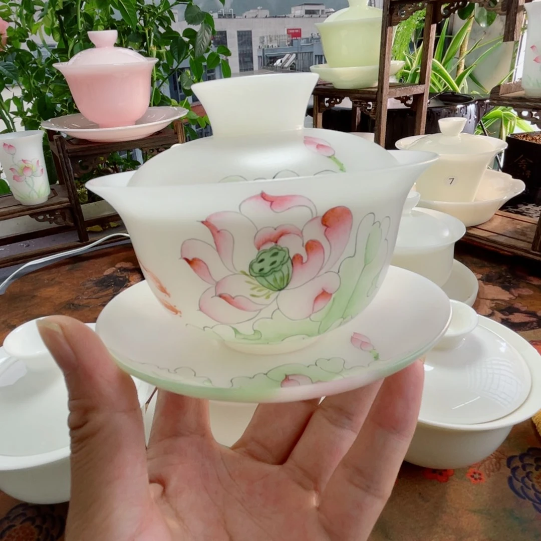 冰晶璞玉素烧手绘荷韵三才元宝