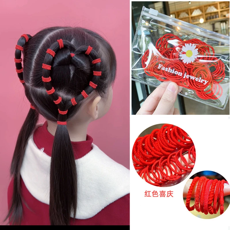 新年大红色皮筋过年彩色发圈儿童高弹力不伤发皮筋小女孩喜庆发饰