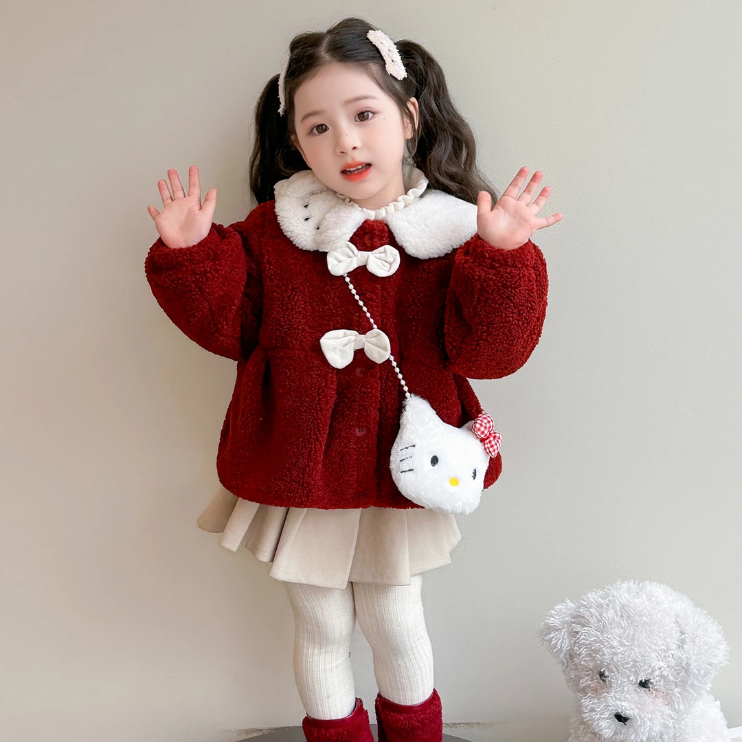 巴拉童年女童冬季蝴蝶结外套25洋气女宝宝加绒毛毛衣儿童洋气保暖