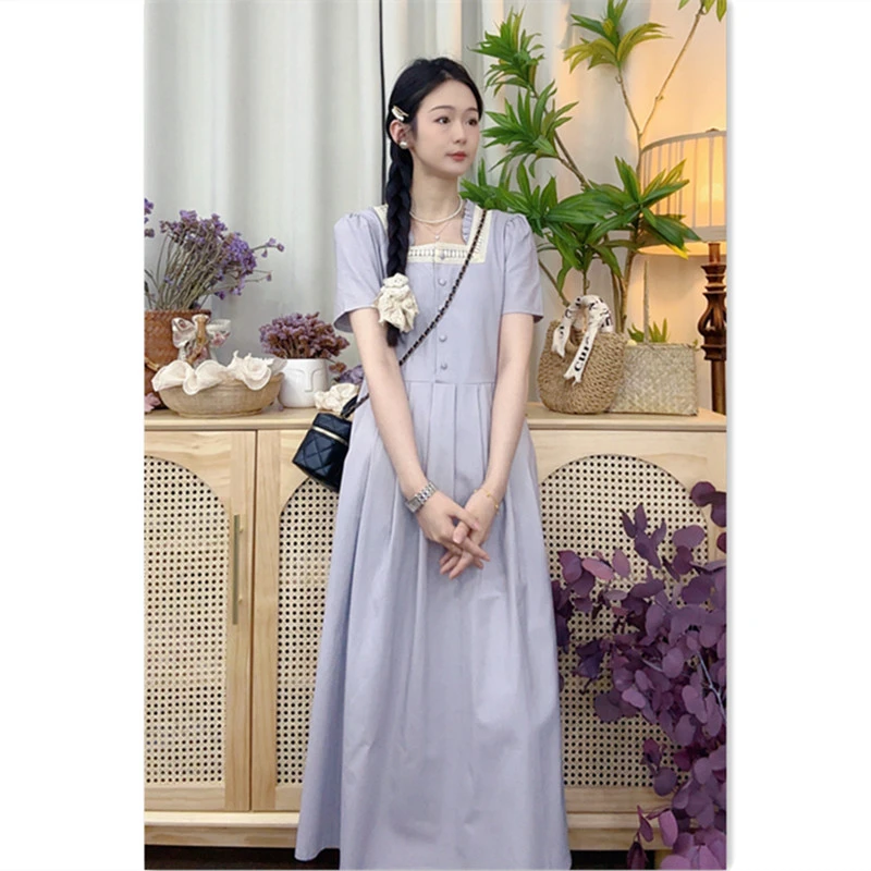 大乔【水仙】夏季短袖连衣裙麻棉方领气质显瘦小众木耳边