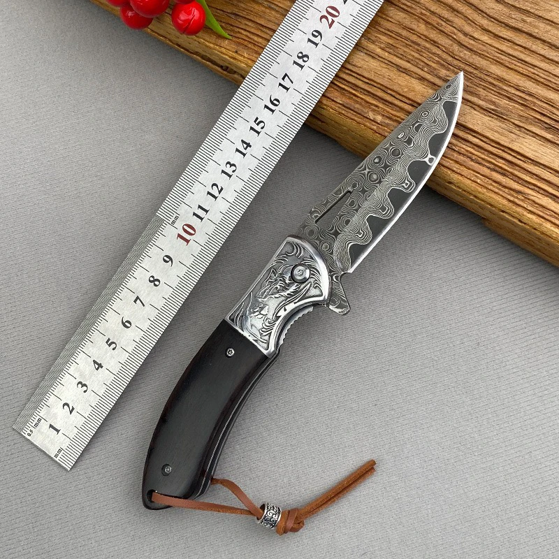 大马士革钢折刀黑檀木手柄折叠刀