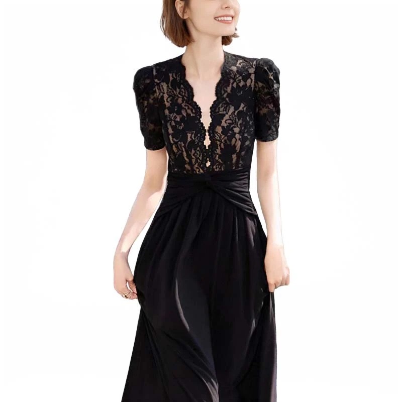 2025夏季新款气质名媛优雅黑色蕾丝拼接收腰V领短袖连衣裙D2148