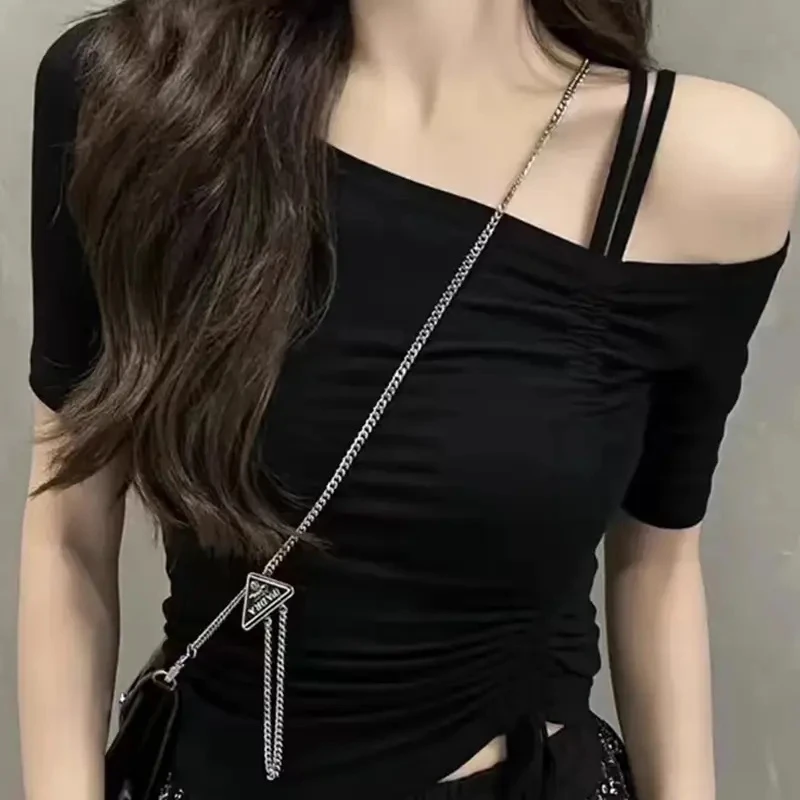 时尚辣妹显瘦露肩抽绳短袖T恤女夏季新款一字肩锁骨短款纯欲上衣