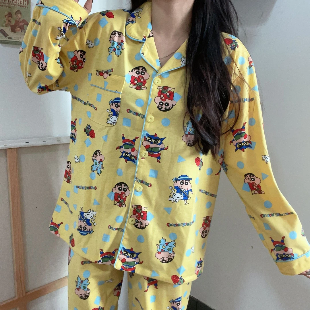 运补4-6蜡笔小新睡衣女春秋款长袖长裤套装卡通可爱家居服可外穿