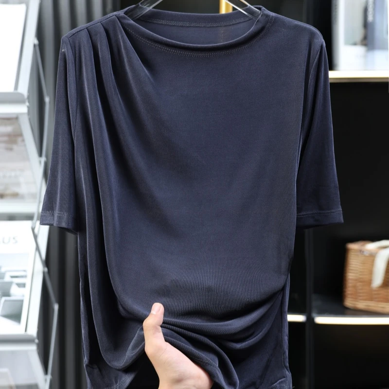 羊范2025年新款法式轻奢重工短袖女醋酸缎面褶皱半袖气质百搭上衣