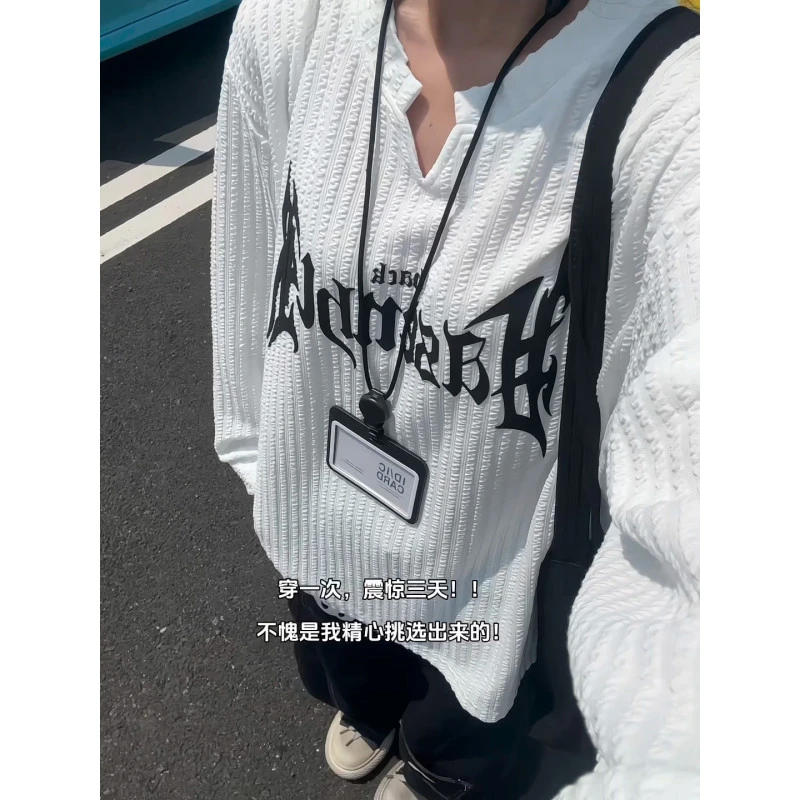 肌理感v领重磅长袖t恤男款春秋美式hiphop潮牌痞帅内搭打底衫上衣