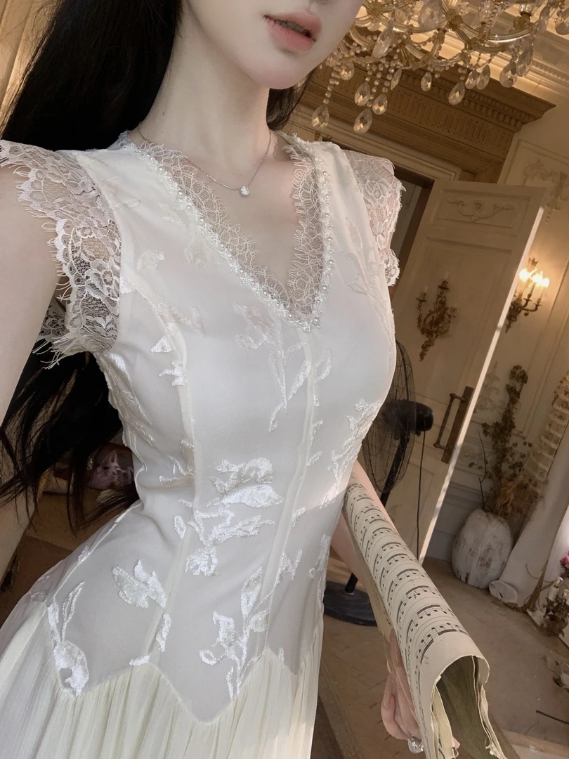 【雅乔定制】月影幻纱 蕾丝拼接刺绣V领无袖连衣裙DYTH-25063849