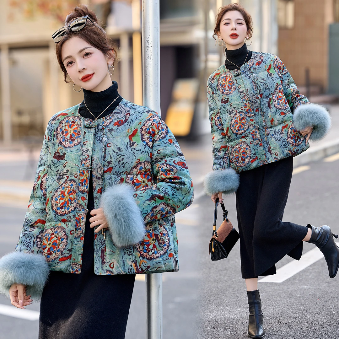 新中式国风复古提花羽绒服女2025冬新款时尚轻奢90白鸭绒保暖外套