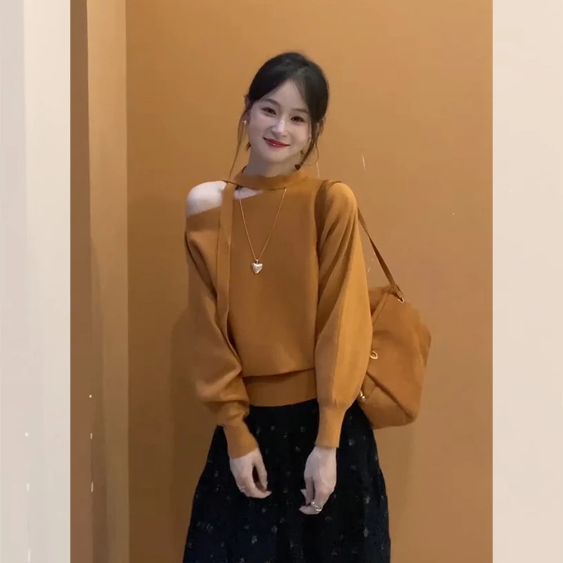 洋气百搭橘色斜领飘带针织衫毛衣打底衫内搭设计小众上衣女秋冬季