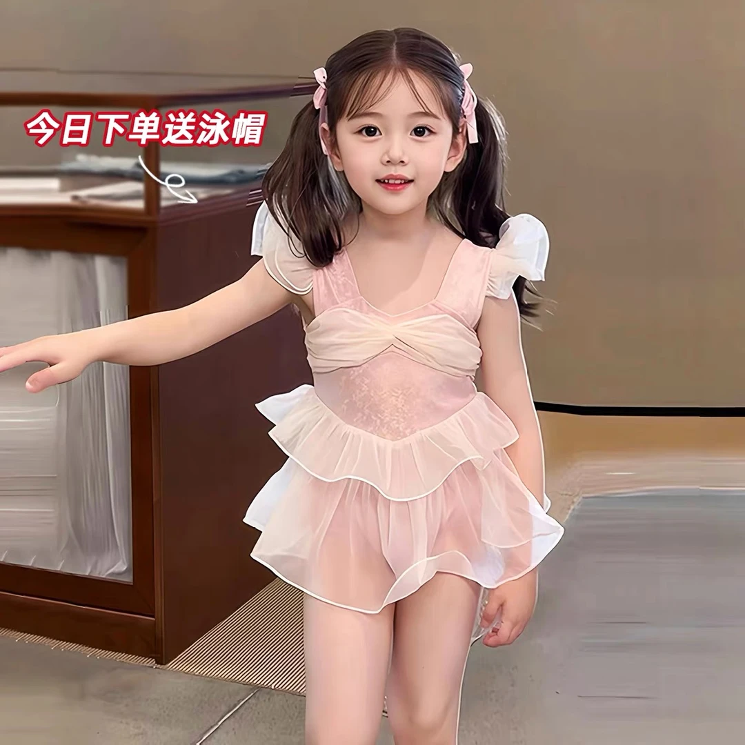 2025女童夏季甜美可爱欧根纱连体泳衣儿童宝宝公主超仙游泳衣