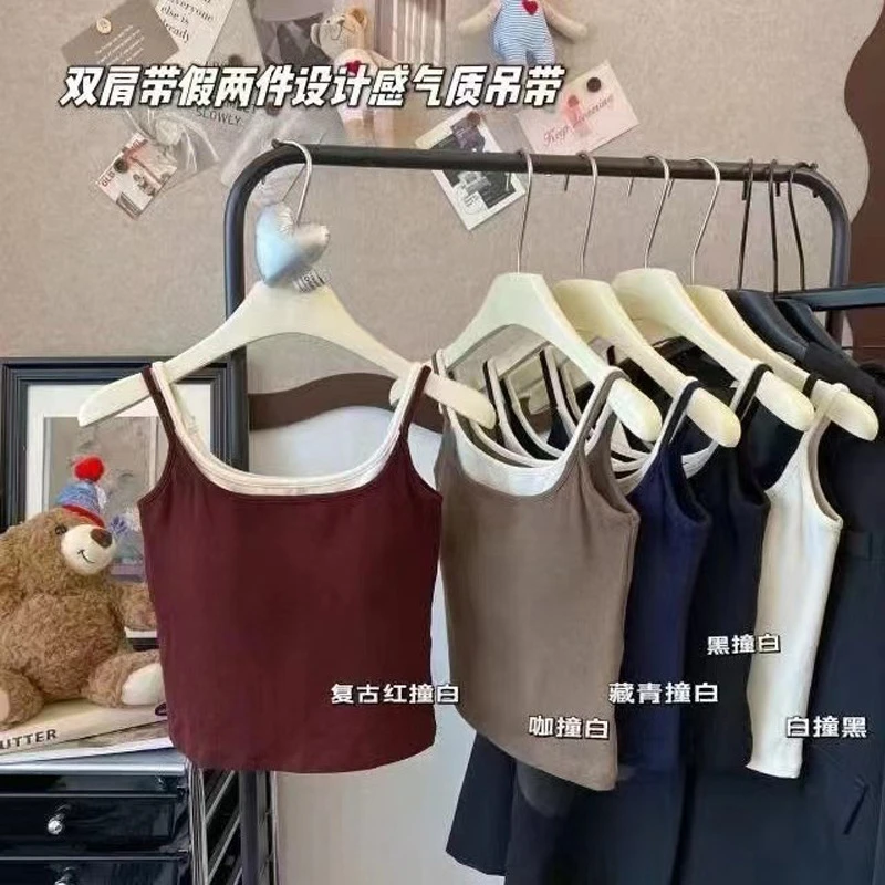 2025秋冬新款加厚发热保暖带胸垫可外穿拼色圆领棉吊带背心女单层