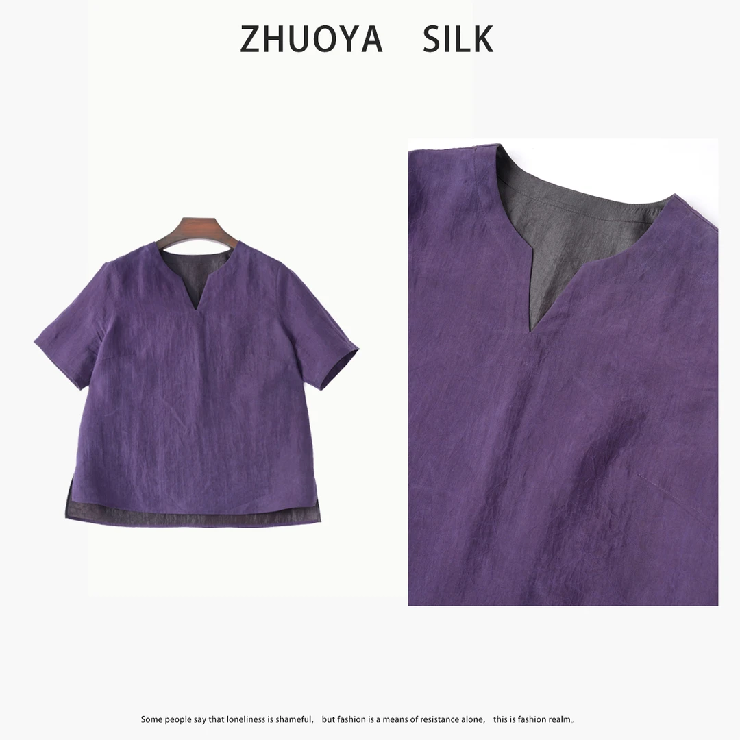 琸娅100%桑蚕丝龟裂纹香云纱上衣短袖t恤女款2025新款真丝夏季女