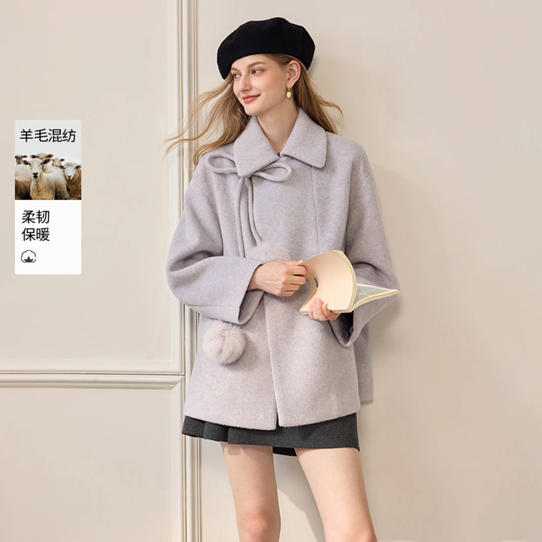 香影｜2025冬装翻领毛呢外套女小个子宽松含羊毛斗篷大衣