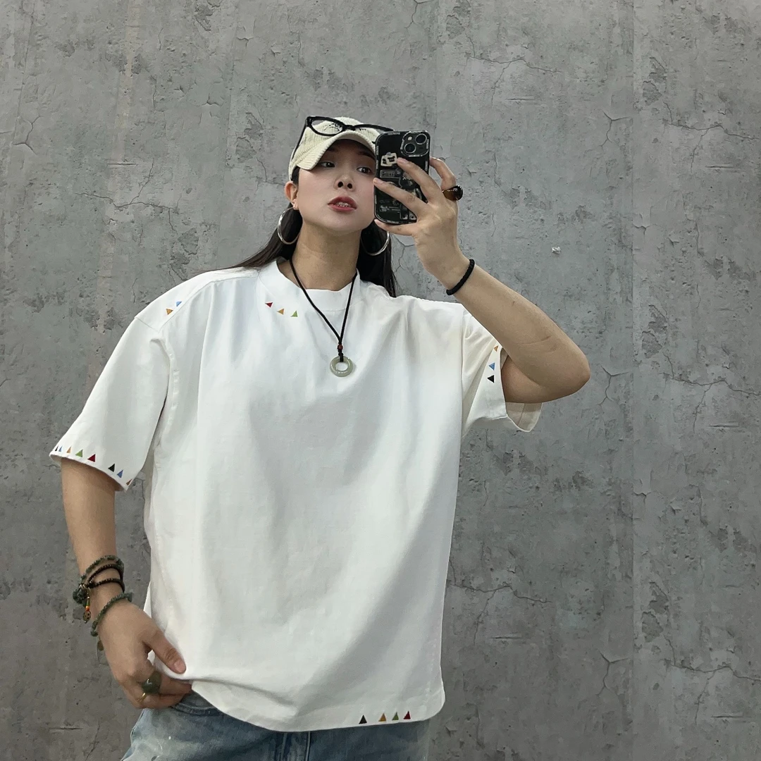 尹小鸡 美式复古重磅水洗380g蝙蝠袖刺绣小三角短袖T恤男女 1053