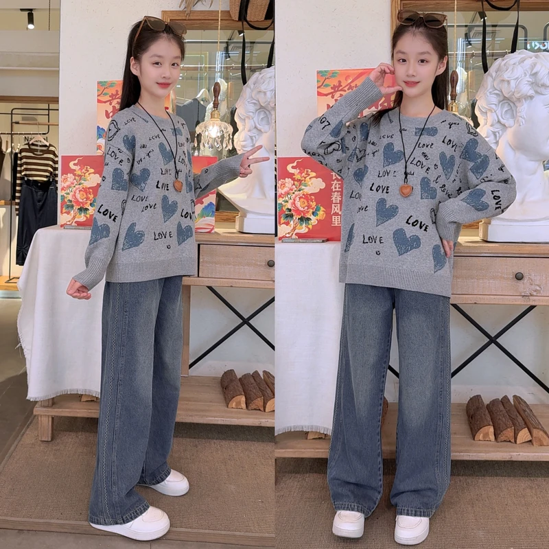 童装牛仔裤女孩秋冬套装森系套头常规款毛衣牛仔直筒裤中大童秋冬