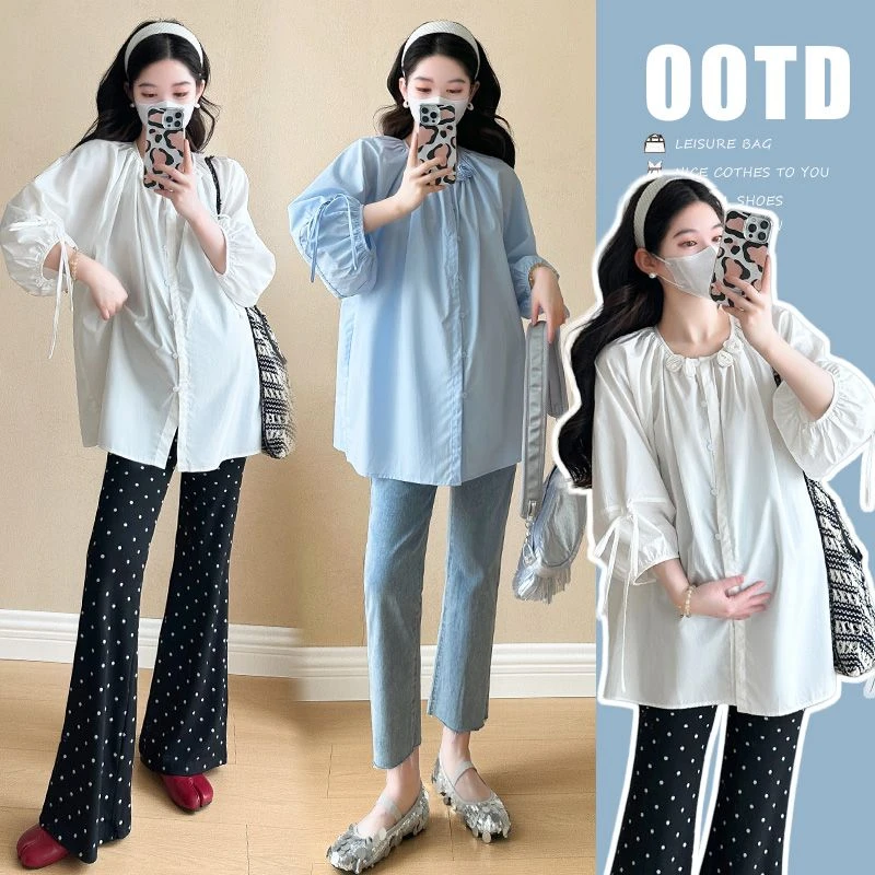 【贝贝】2025早春季新款简约休闲宽松圆领衬衫孕妇套装两件套装